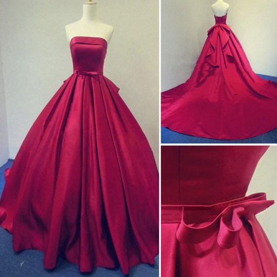 Long Burgundy Prom Dresses Ball Gowns Evening Party Gown Strapless Stain Lace-up Dress cg21492