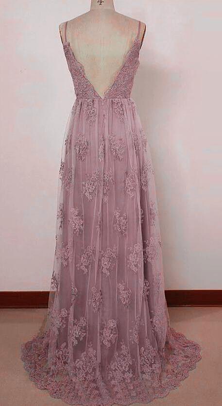Beautiful Pink Straps Lace Floor Length Party Dress, Pink Backless Prom Dress cg21495