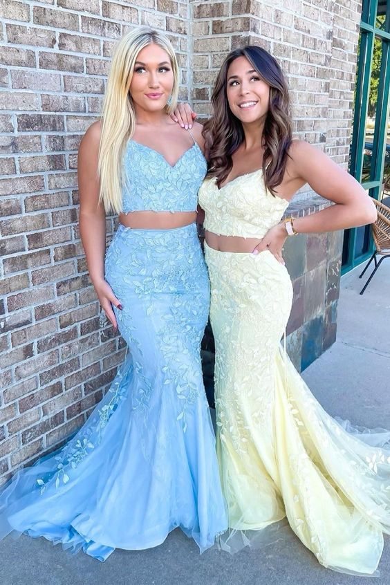 2022 two piece lace appliques long prom dress features with spaghetti straps and mermaid skirt cg22518