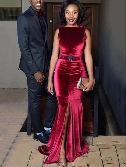 Sexy Mermaid Burgundy Velvet Backless Side Slit Prom Dress cg21525