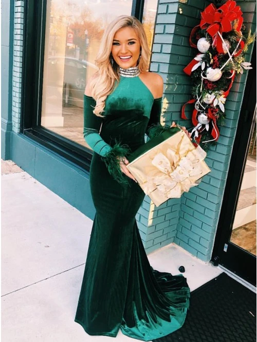 Unique Long Sleeve Emerald Split Long Prom Dress cg21526