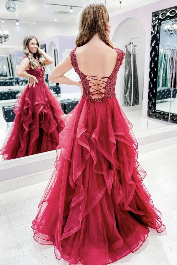 Red lace long A line prom dress red evening dress cg21531