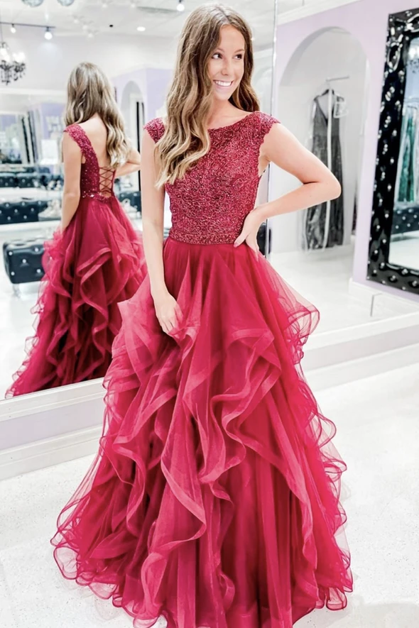 Red lace long A line prom dress red evening dress cg21531