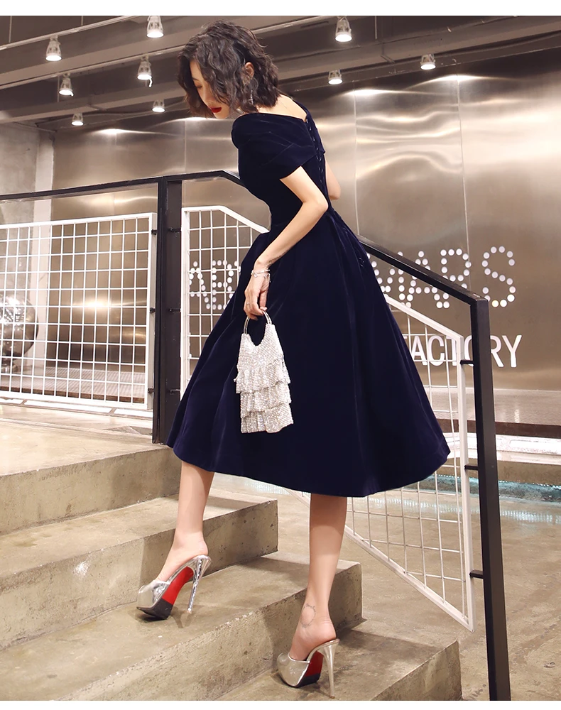 Navy Blue Velvet Tea Length V-Neckline Party Dress,prom dress cg21532