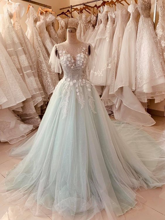 Pastel mint green floral lace flutter sleeve ball gown wedding dress with court train & glitter tulle prom dress cg21538