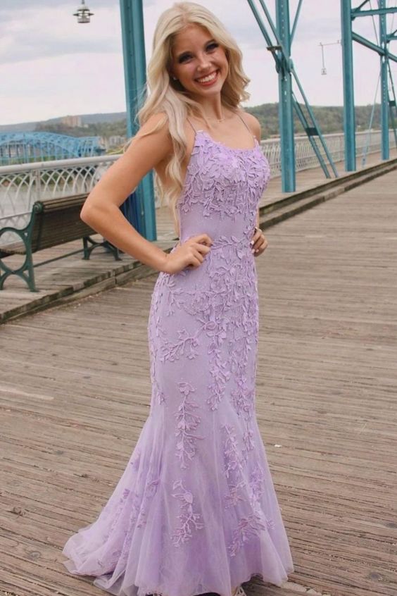 elegant mermaid lavender lace appliqued long prom dress with lace up back cg21559