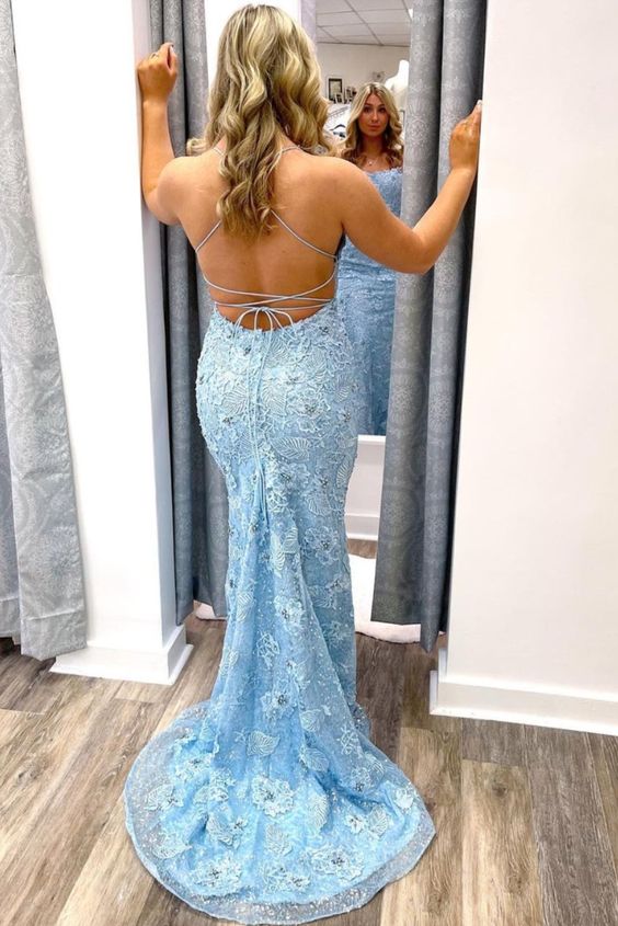 mermaid blue lace long prom dress with lace up back cg21560