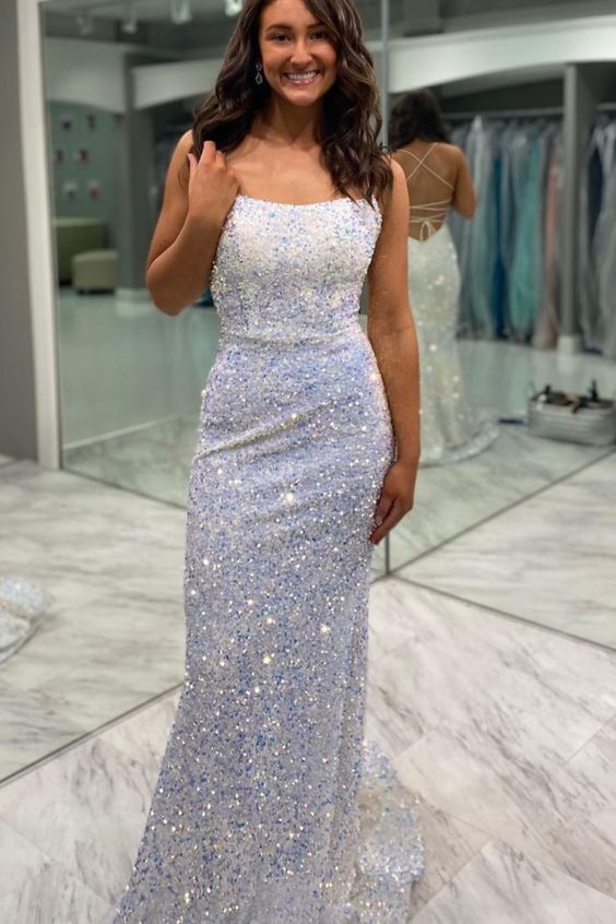 mermaid white sequined long party dress with spaghetti straps and lace up back Prom Gown Party Dress cg21564