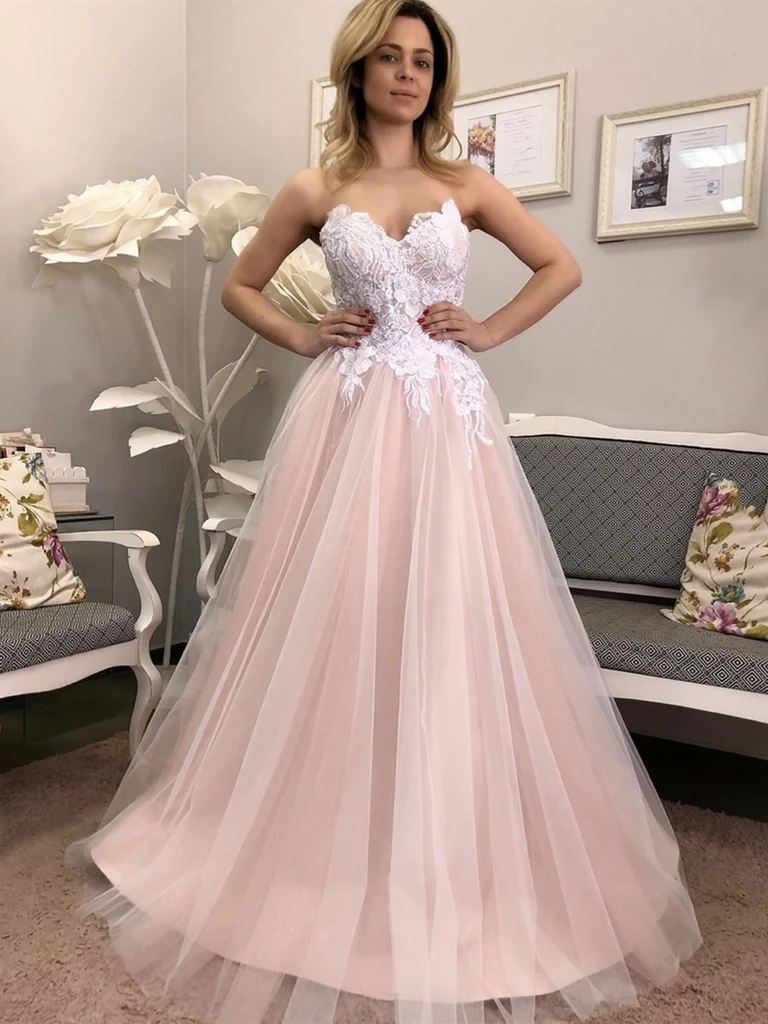 Strapless V Neck Pink Lace Floral Long Prom Dresses, Pink Lace Formal Dresses, Pink Evening Dresses cg21566