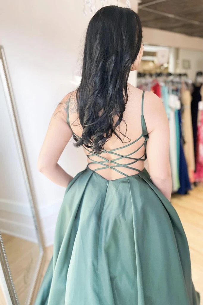 A Line V Neck Backless Green Satin Long Prom Dresses, Open Back Green Formal Dresses, Green Evening Dresses cg21567
