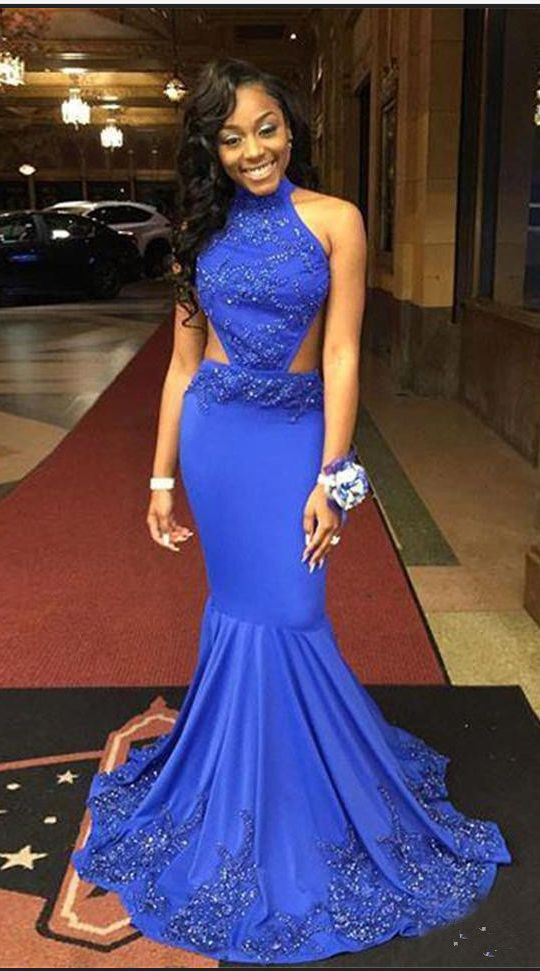 Royal Blue Satin Prom Dress Halter Neck Beaded Women Party Dress cg21573