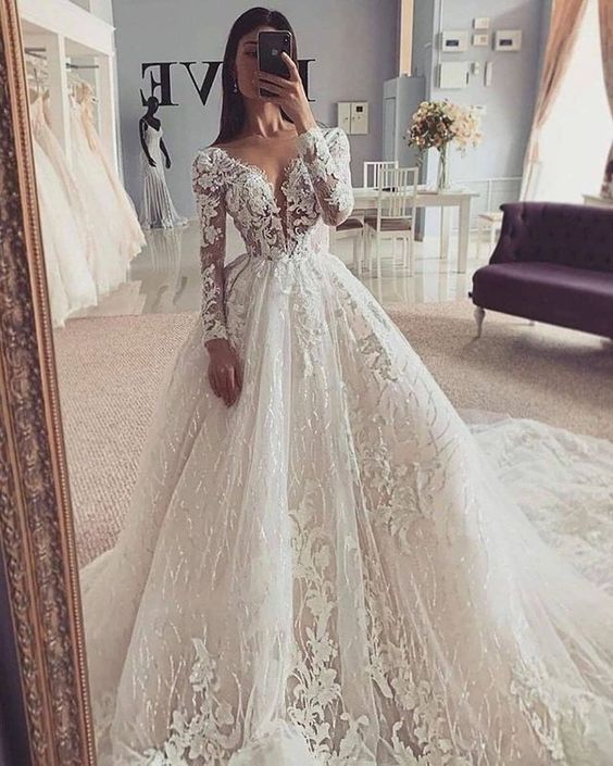 Gorgeous A-Line V Neck Long Sleeves Lace Wedding Dresses prom gown cg21582