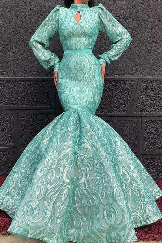 Chic Lace High Neck Long Sleeve Mermaid Prom Dresses cg21600