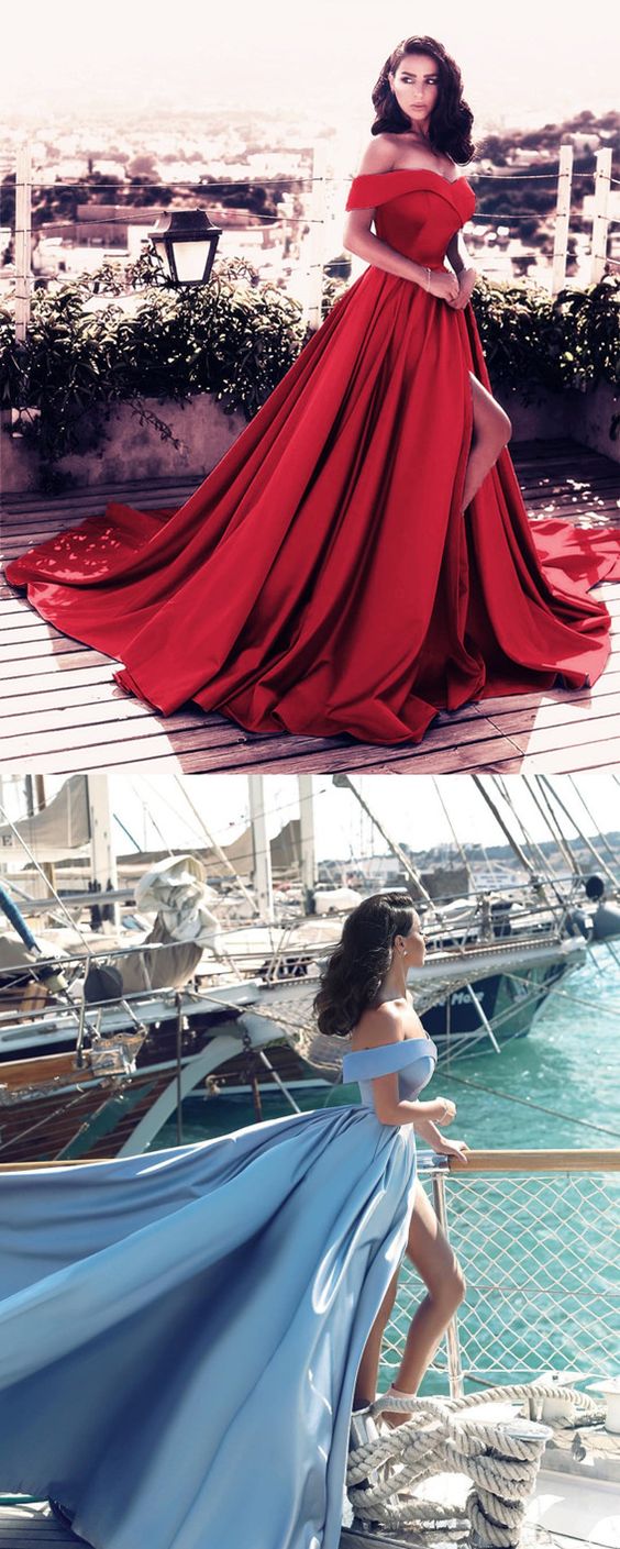 Sexy V-neck Off Shoulder Prom Dresses Long Red Satin Evening Gowns cg21603