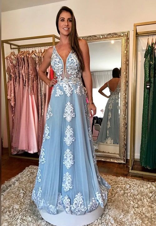 Deep V Neck Prom Dress, Blue Prom Dress, Lace Applique Prom Dress, Elegant Prom Dress, Prom Dresses Long, A Line Prom Dress cg21606