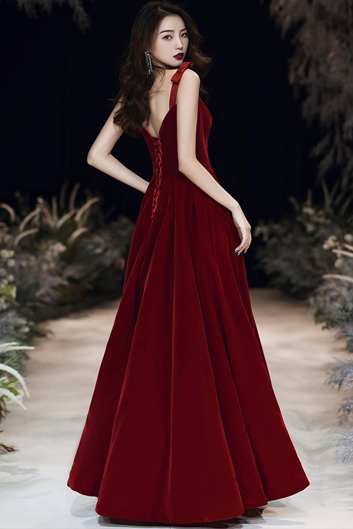 BURGUNDY VELVET LONG A LINE PROM DRESS EVENING DRESS cg21611