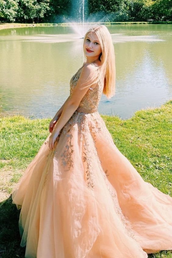 A-line lace tulle long prom dress cg21614