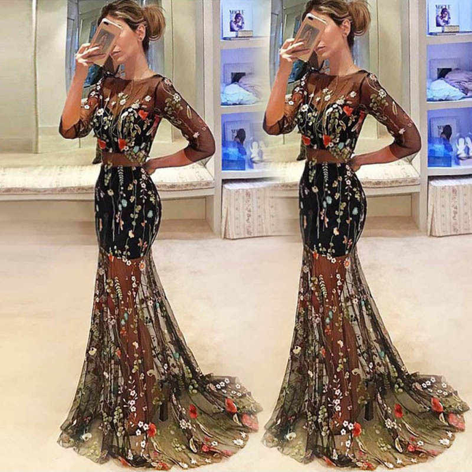 Elegant Flower Lace Prom Dresses Floor Length Black Evening Gowns cg21617