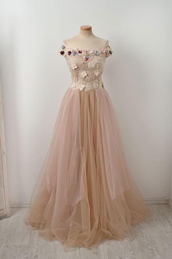 Unique champagne tulle lace applique long prom dress, champagne evening dress cg21628