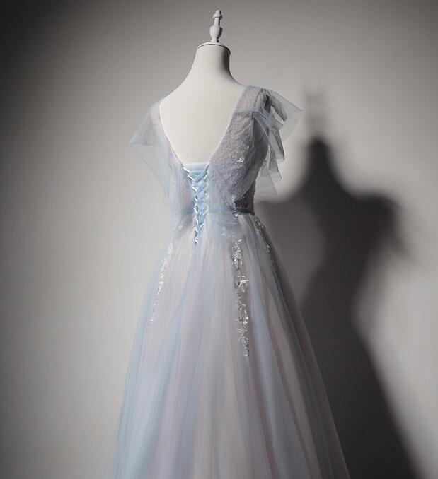 Light Blue And Pink V-Neckline Tulle With Lace Evening Dress, A-Line Long Prom Dress Party Dress cg21629