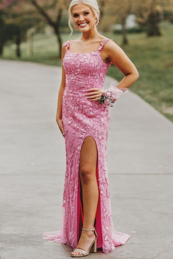tight fuchsia lace appliques long formal dress with side slit Prom Dresses cg21637