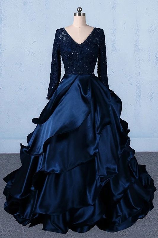 Formal V-neck Beading Lace Satin Backless Ball Gown Prom Dresses With Sleeves cg21639