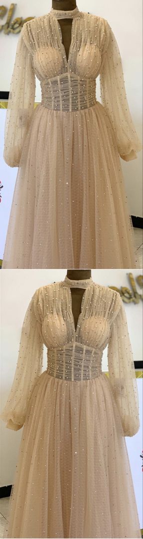 Champagne tulle prom dresses long sleeves formal gown for women cg21656