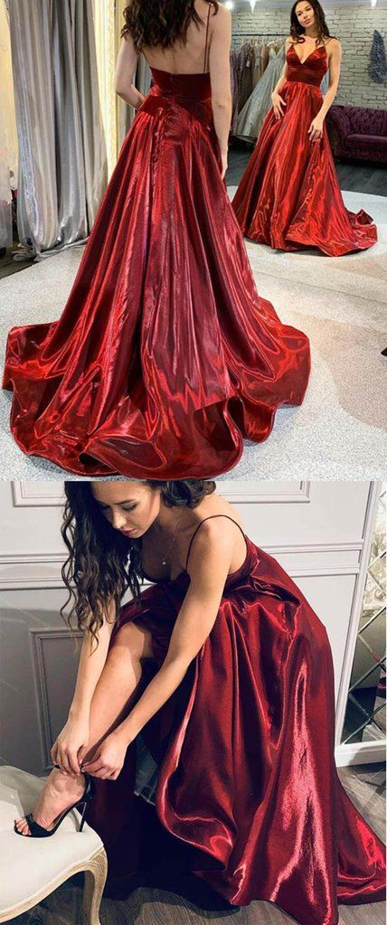 Elegant Satin Spaghetti Straps Sexy V Neck Long Burgundy Prom Party Dress cg21659