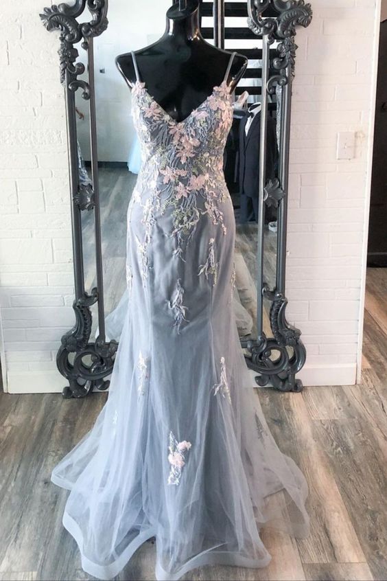 mermaid grey long prom dress with spaghetti straps cg21663