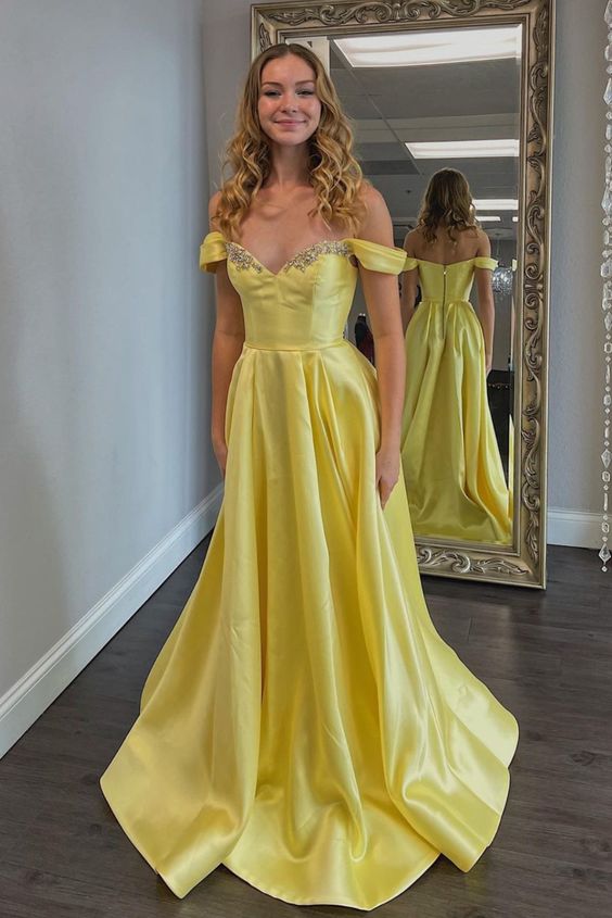 elegant off the shoulder yellow satin long formal dress with pockets inside prom dress 2022 cg21667
