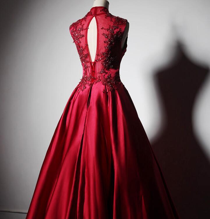 Wine Red Satin Lace Beaded High Neckline Long Party Dres, Dark Red Floor Length Prom Dress cg21675