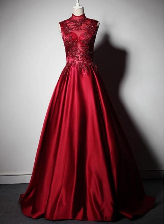 Wine Red Satin Lace Beaded High Neckline Long Party Dres, Dark Red Floor Length Prom Dress cg21675