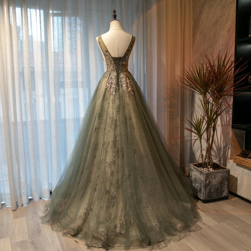 Beautiful Tulle With Applique Light Green Round Neckline Prom Dress, Low Black Long Formal Dress cg21676