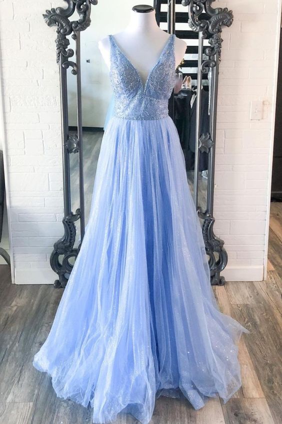 A-line blue tulle long formal dress prom dress cg21695
