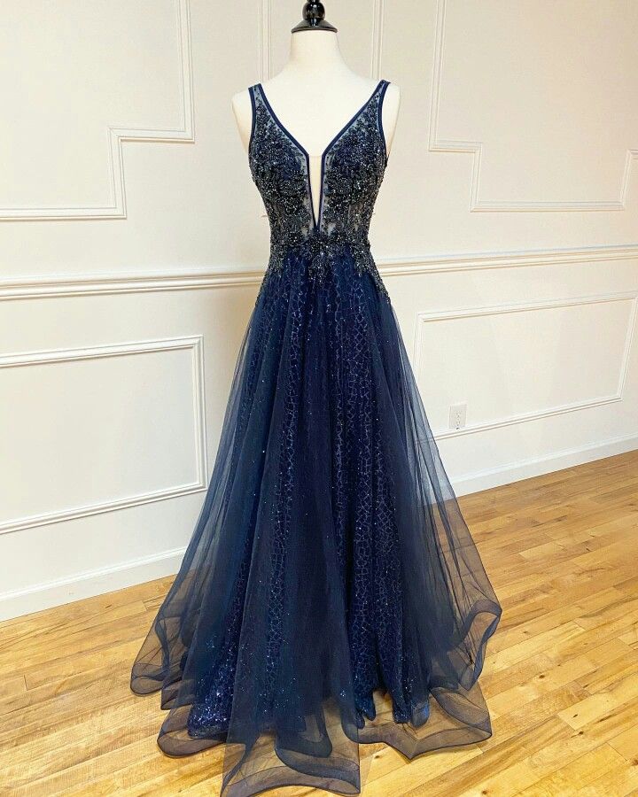 blue tulle V neck long evening dress, long prom dress cg21697