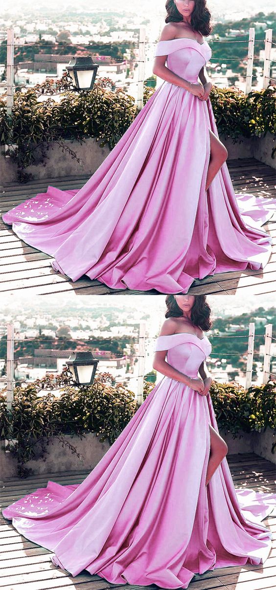 Mauve Pink Prom Dresses Satin Off The Shoulder Evening Gowns cg21701