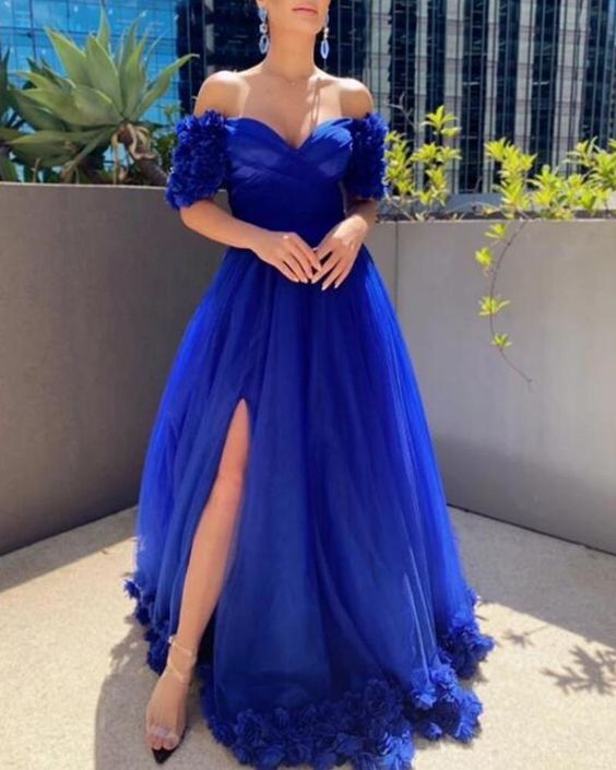 Beautiful Off the Shoulder Short Sleeves Royal Blue Long Prom Dresses with Handmade Flowers cg21704
