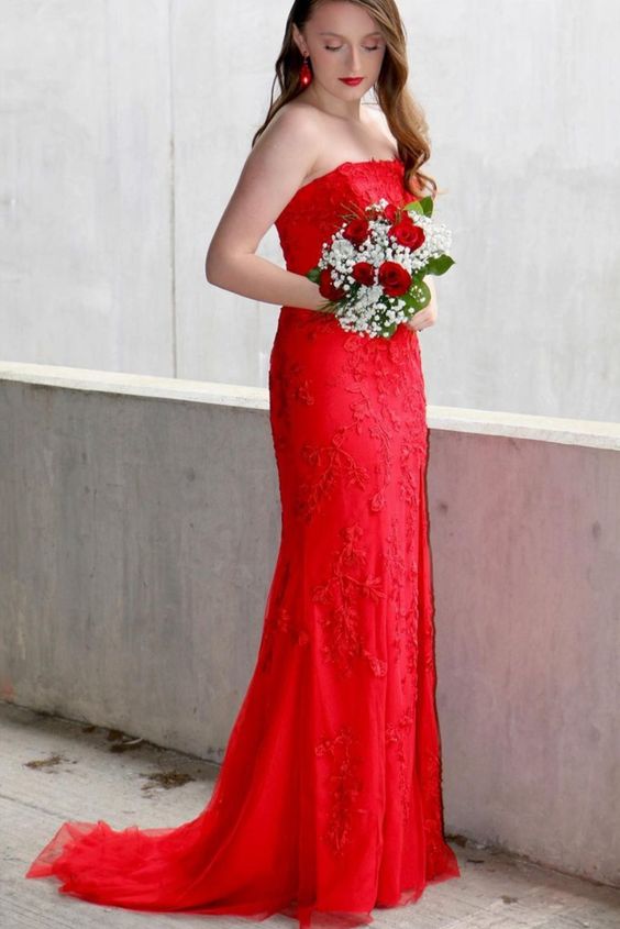 strapless mermaid red lace appliques long prom dress evening dress cg21711