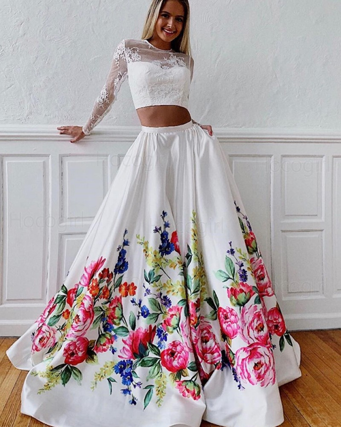 White satin evening dress Floral Prints Prom Dresses cg21719