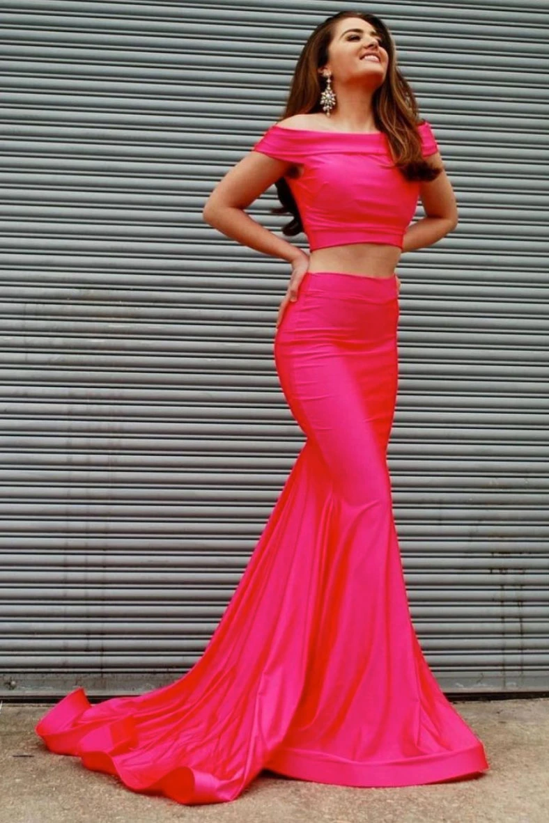 Simple pink two pieces satin mermaid long prom dress pink formal dress cg21727