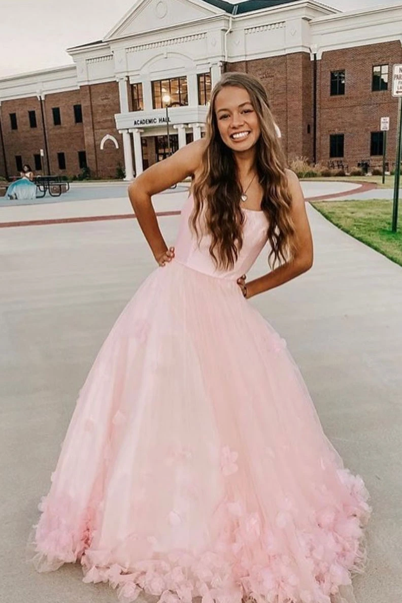 Pink tulle applique long prom dress pink tulle formal dress cg21728
