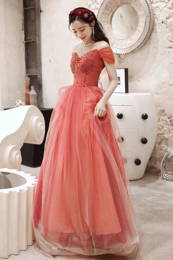 Charming Watermelon Sweetheart Beaded Tulle Princess Gown Prom Dress cg21738