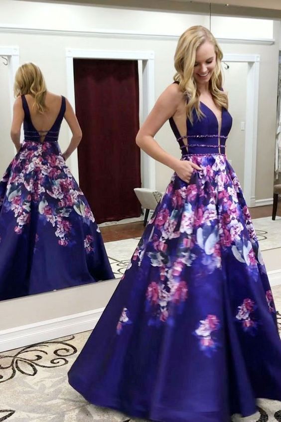 Popular A-Line V-Neck Long Floral Prom Dress with Pockets Royal Blue Evening Dress cg21748