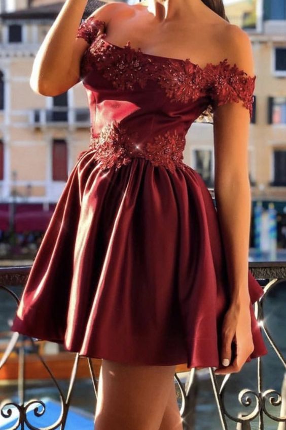 Cute Homecoming Dresses Burgundy Lace Appliques Off The Shoulder cg21755