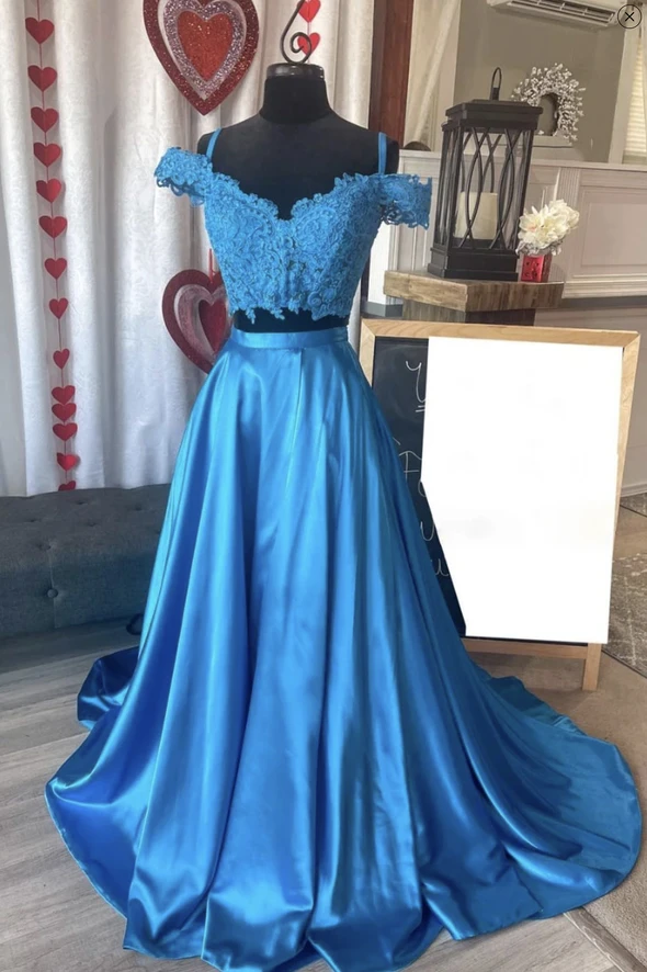 Blue lace long A line prom dress two pieces evening dress cg21777