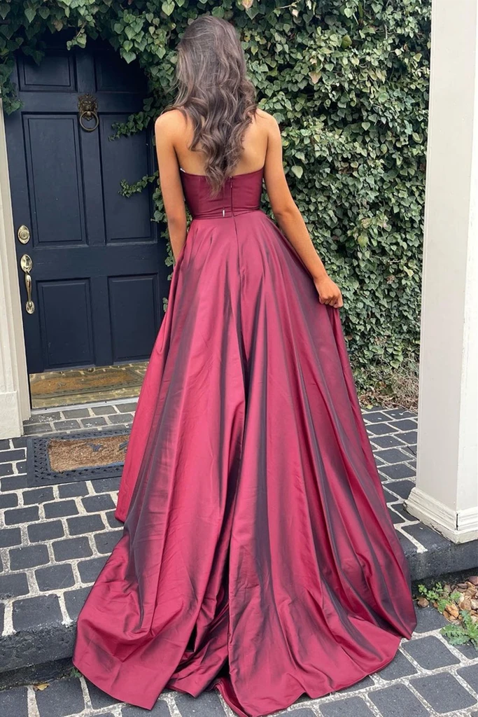 A Line V Neck Open Back Burgundy Long Prom Dresses with High Slit cg21783