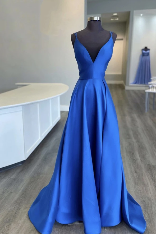 Blue v neck satin long A line prom dress evening dress cg21784