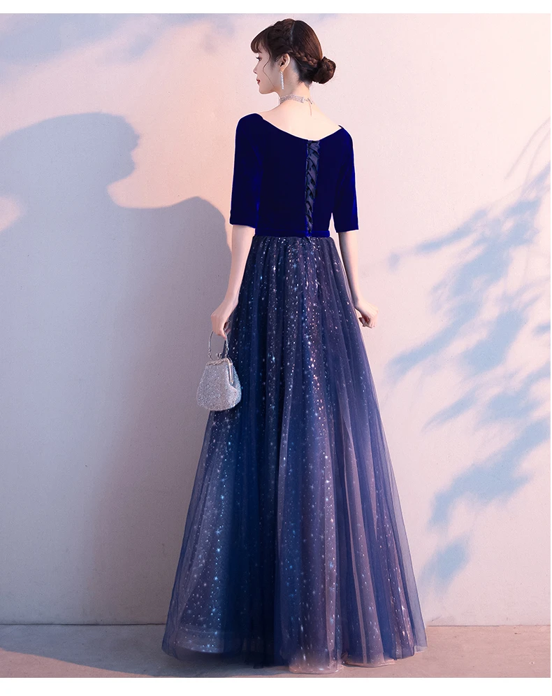 Navy Blue Velvet Short Sleeves With Shiny Tulle Long Party prom Dress, Blue Bridesmaid Dress Prom Dress cg21789