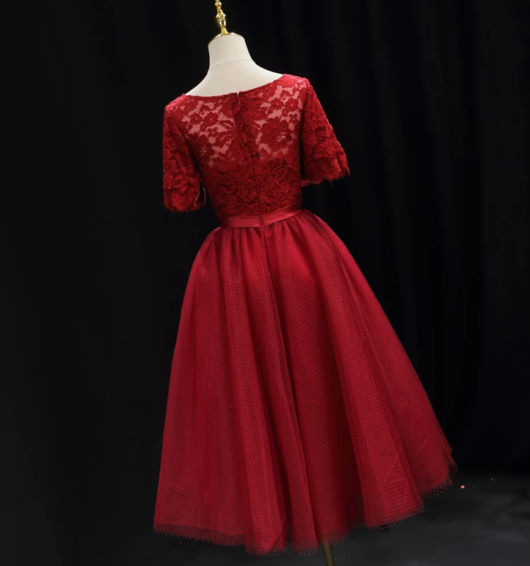 Red Lace Top Short Sleeves Tulle Tea Length Party Dress, Red Wedding Party Dress Homecoming Dress cg21794
