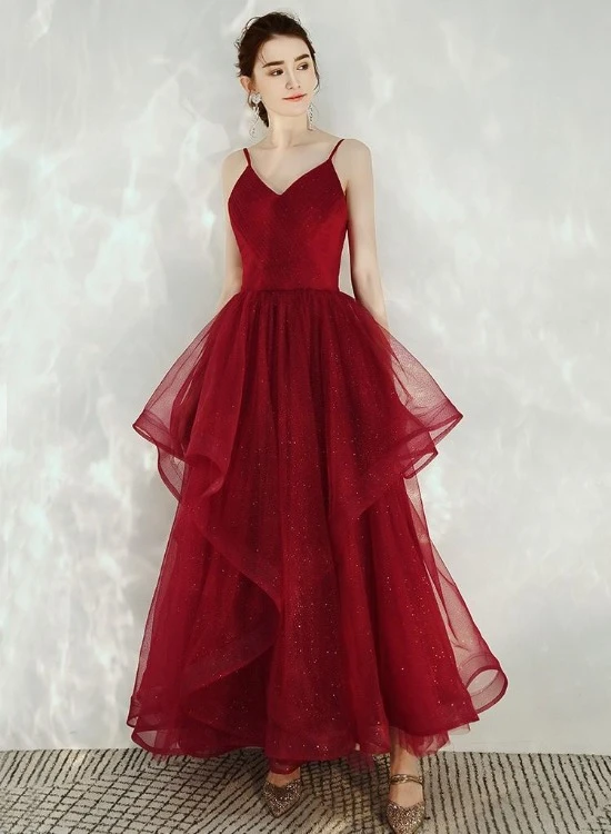 Dark Red Straps V-Neckline Layers Long Formal Dress, Burgundy Low Back Tulle Prom Dress cg21797